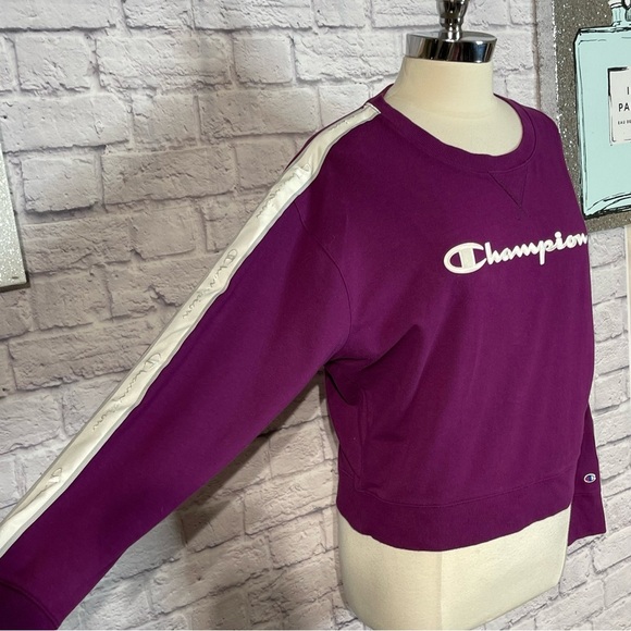 Champion Women's Purple and White Heritage Crew Satin Stitch Logo Sweatshirt - Picture 6 of 8